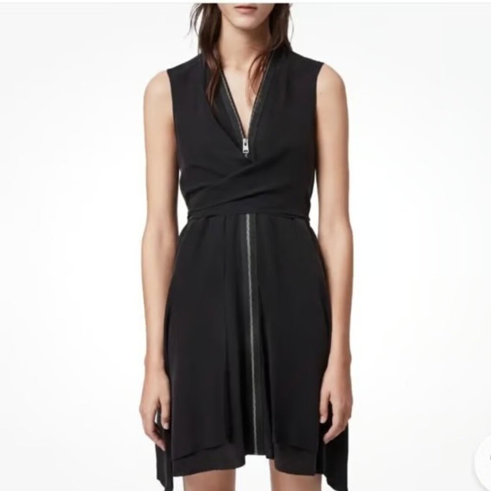 ALLSAINTS JAYDA SLEEVELESS MINI DRESS TIE FRONT FULL ZIP BLACK SILK SIZE 2